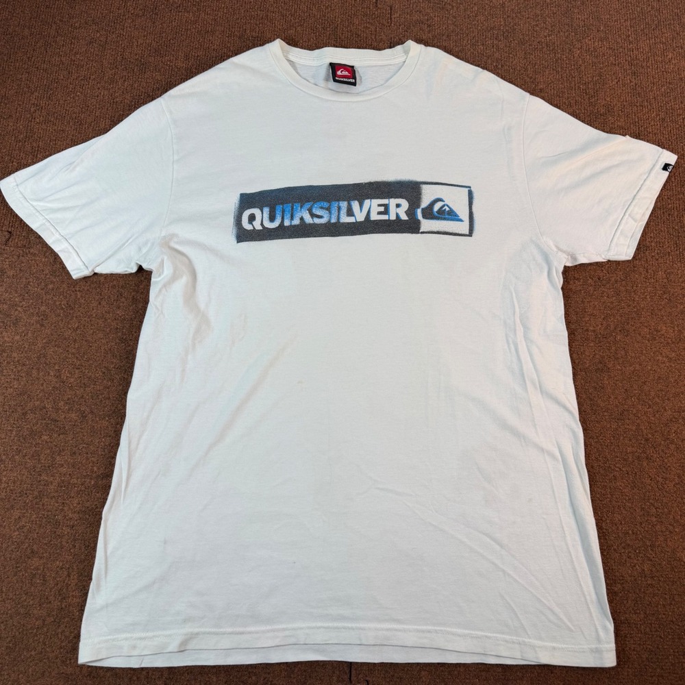 Quiksilver Graphic T-Shirt Mens Large White Box Logo Surf Skate Tee Y2K fit gym